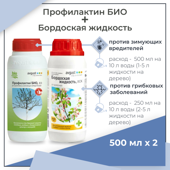 Набор препаратов для весенней защиты растений от болезней и вредителей Профилактин БИО 500 мл + Бордоская жидкость 500 мл